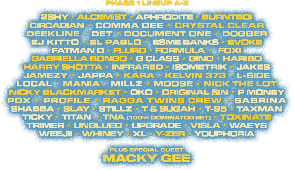 Phase 1 Lineup A-Z featuring Macky Gee and 60+ artists